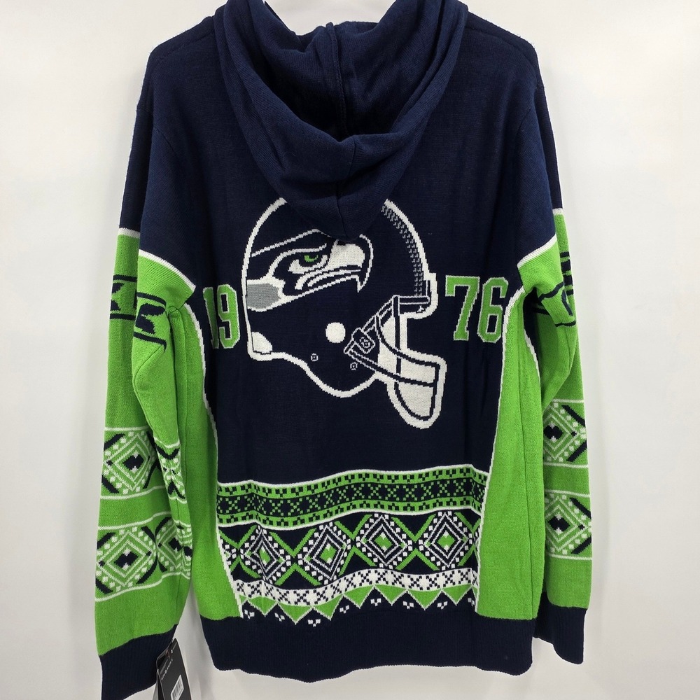 NFL TEAM APPAREL SEATTLE SEAHAWKS SWEATER MENS MEDIUM BLUE GREEN HOODED UGLY NEW - Picture 6 of 12